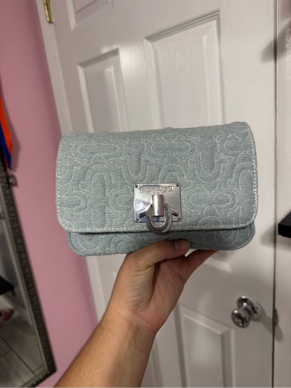 True Religion Quilted Light Blue Crossbody with Silver Hardware